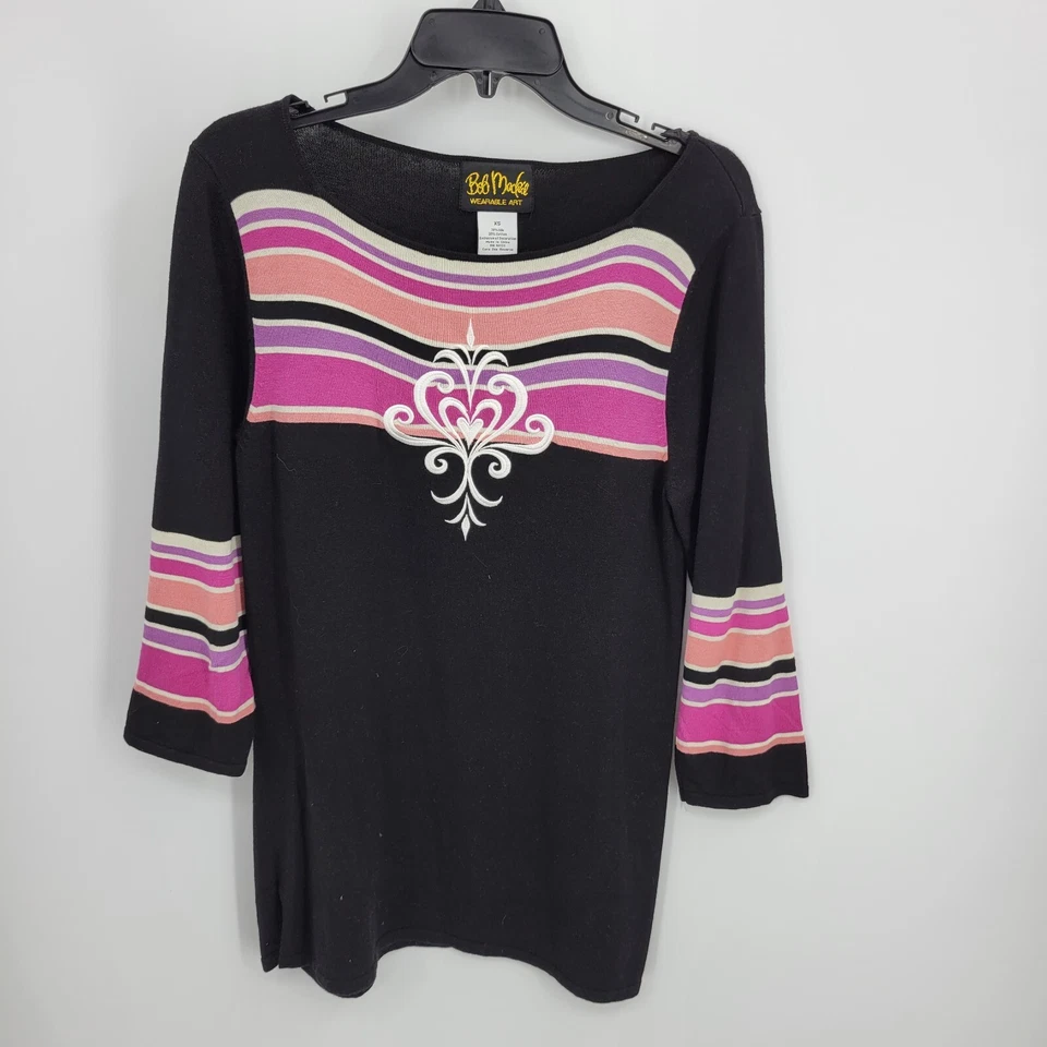 Suéter Bob Mackie Mujer XS Negro Rosa Rayas Seda Usable Arte Túnica Foto 1 de 4