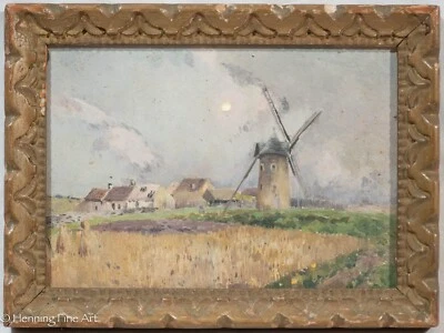 Превосходная антикварная голландская картина маслом пейзаж ветряной мельницы фермы - миниатюра и ОТЛИЧНО! - Изображение 1 из 4