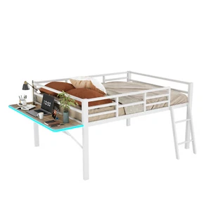 Hochbett Metallbett 140x200 mit Schreibtisch und LED Kinderbett Jugendbett Weiß - Bild 1 von 12