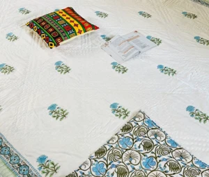 Indian Cotton Bedding Handmade Block Print Quilt Jaipuri Razai Quilted Bedspread - Picture 1 of 10