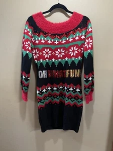 Ugly Christmas Sweater Dress Tunic Oh What Fun Sequin Red Black Junior Women S - Foto 1 di 9