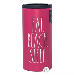 RAE DUNN Insulated Stainless Steel Slim Can Cooler EAT BEACH SLEEP Pink NEW - Picture 1 of 4