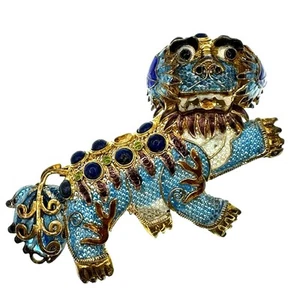 Vintage Chinese Foo Fu Dog Enamel Pin Brooch Sterling Silver With Stones - Picture 1 of 6