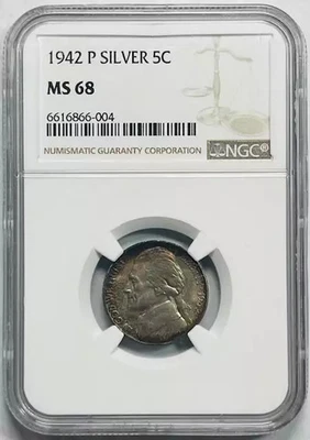 1942 P Nickel Jefferson NGC MS-68 Silver Wow Original! - Image 1 of 2