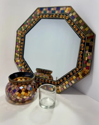 Bandeja de velas espejada con mosaico Partylite Global Fusion y soporte votivo a juego Foto 1 de 4