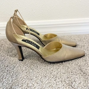 Stuart Weitzman High Heels Women 7B Gold Pointed Toe Satin Wedding Prom Pumps - Picture 1 of 15