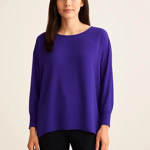 Eileen Fisher 100% Silk Boxy Blouse Purple Long Sleeve Hi-Low Hem Sz M Luxury - Picture 1 of 10