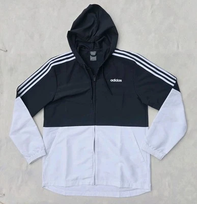 Jaqueta de atletismo Adidas masculina 3 listras tamanho grande zíper completo com capuz preta branca nova sem etiquetas - Imagem 1 de 4