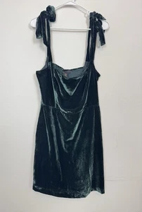House of Harlow Velvet Mini Dress Green Tie Strap Cowl Neck Smocked Back L - Picture 1 of 14