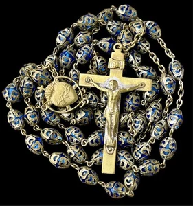 Vintage Heirloom Rosary Beads Blue Glass Capped Brass Sacred Heart Centerpiece - Picture 1 of 9