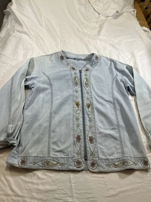 Chaqueta de mezclilla vintage Adrian Delafield Haband bordada cambray con cremallera para mujer M/L Foto 1 de 4