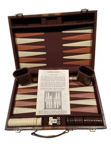 Backgammon Set Leather Case Bakelite Chips V-Stitch Vintage 1960-70 By Cardinal - Picture 1 of 8