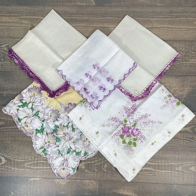 5 pañuelos vintage para dama púrpura, floral, borde de ganchillo, Irlanda Foto 1 de 4
