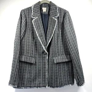 Chicos Blazer Womens M Blue Metallic Threads Fringe Collared Tweed Button Jacket - Picture 1 of 8