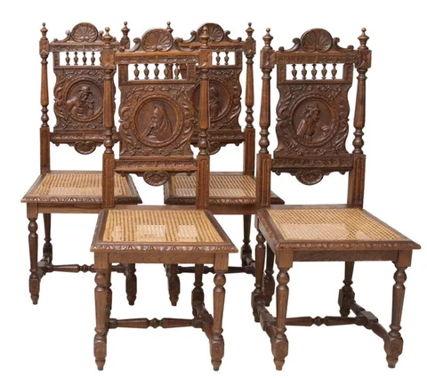 Four  Chairs, Side, French Breton, Cane Seats, Carved Oak, Crest,  Early 1900s!! Cover
