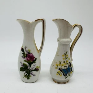 Par de mini jarrones vintage de porcelana florales pintados a mano - Imagen 1 de 3