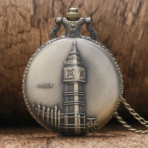 Antique Retro Bronze Big Ben London Quartz Pocket Watch Necklace Pendant Chain - Picture 1 of 5