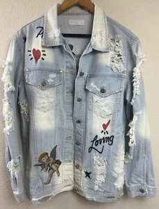 Its & Co Brazil Light Wash Distressed Embroidered Denim Jean Jacket Angel Hearts - Picture 1 of 17