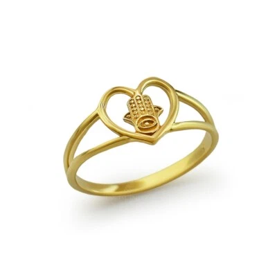 Delicado anillo de corazón Hamsa de oro para mujer, 10K/14K, amarillo, blanco, oro rosa Foto 1 de 4