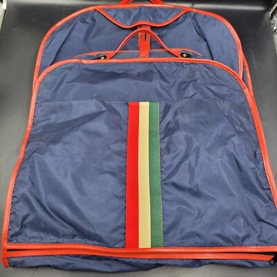 Vintage 1970's Travel Garment Bag Canvas Vinyl Suite Bag Blue Red, White, Green - Image 1 of 4