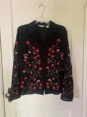 Blusa Mujer Laura Ashley 14 Negra Seda Bordada Floral Mangas Largas De Colección Foto 1 de 4