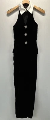 Vtg Jessica McClintock Velvet Gown Dress Sz 8 Black Tuxedo Halter 80s Made USA - Image 1 of 4