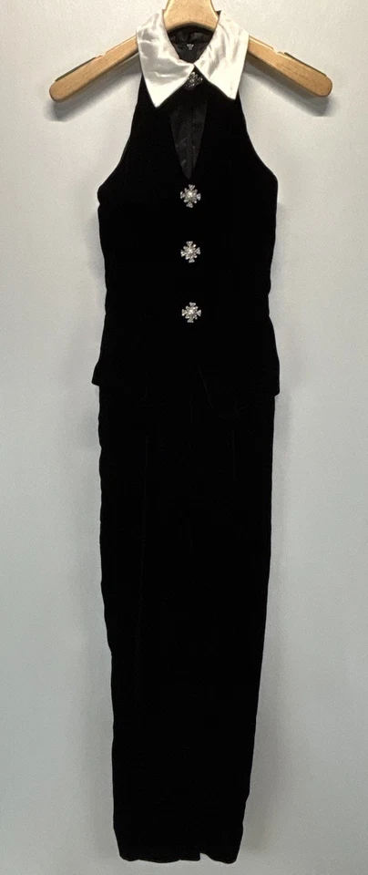 Vestido De Colección Jessica McClintock Terciopelo Talla 8 Negro Esmoquin Halter Años 80 Hecho en EE. UU. Foto 1 de 4