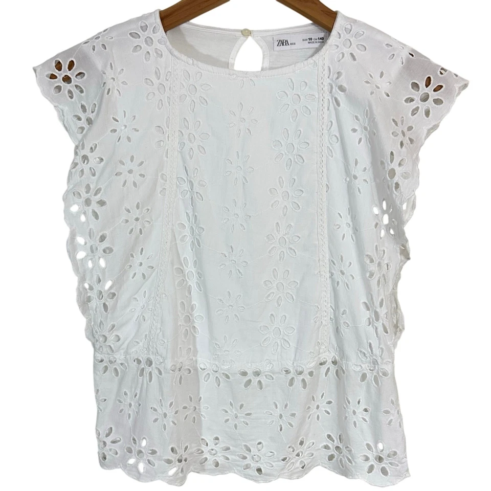 Zara Girls White Eyelet Flutter Sleeve Cotton Top Size 10 - Image 1 of 4