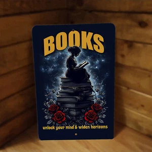 Books Unlock Your Mind and Widen Horizons Reading Girl 12"x8" Metal Poster Sign - Picture 1 of 2
