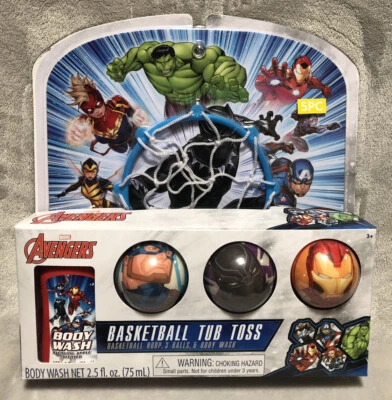 NUEVO Juego de aros de juguete de 5 piezas para lanzar bañera de baloncesto Avengers con aroma a manzana lavado corporal Foto 1 de 4