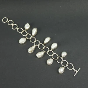 Vintage Sterling Silver Solid 925 Dangling Pearl Bracelet T Bar Clasp - Picture 1 of 7