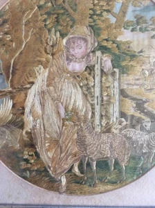 Antique 1800s Woven Silk Tapestry Needlework Pastoral Shepherdess Sheep framed - Picture 1 of 10