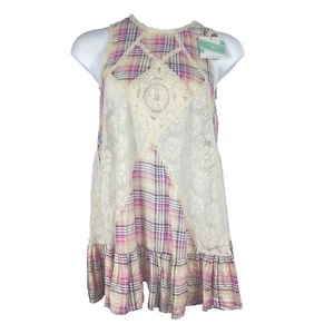 Umgee Lace Mini Dress Womens Size Medium Plaid Floral Swing Cottagecore Prairie - Picture 1 of 8