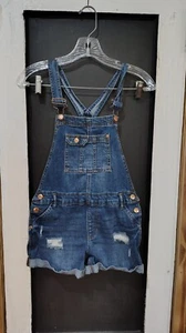 girls Jordache blue denim distressed jean bib overalls cuffed size 10/12 - Picture 1 of 4