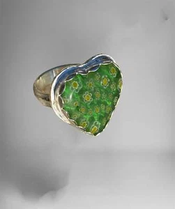 Millefiori Green Glass Heart Ring - Picture 1 of 2