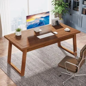 BYBLIGHT Executive Desk 55.1" Mid-century Modern Style Wood Brown W/ Drawer - Picture 1 of 7