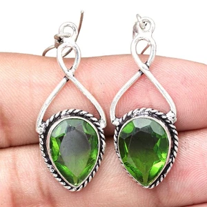 Peridot Quartz Gemstone Handmade Gift For Her Silver Jewelry Earrings 1.75" - Picture 1 of 7
