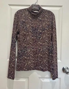 PERUVIAN CONNECTION Top Turtleneck Women M Plum Mille Fleur Stretch Cottagecore - Picture 1 of 5