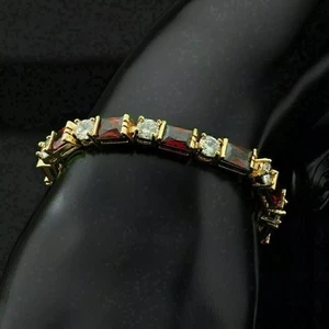 Lab-Created 14 CT Emerald Cut Red Ruby Tennis Bracelet 14K Yellow Gold Over - Picture 1 of 3