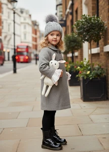 Girls Light Gray Wool Coat with Detachable Ruffled Cuffs – Elegant & Warm 3-9Y - Picture 1 of 7