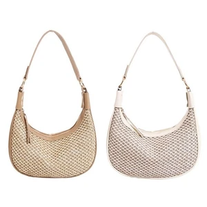 Women Shoulder Bag Straw Woven Dumplings Bag Armpit Bag Retro Crossbody Bag - Picture 1 of 10