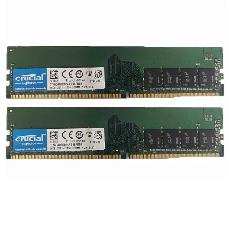 Crucial 2x 16GB 1RX8 PC4-2400T DDR4 19200MHz 288Pin UDIMM Desktop Memory RAM - Image 1 of 1