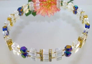 Necklace cube chain necklace clear AB faceted blue rhinestones gold 408d - Picture 1 of 10
