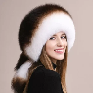 Gorra cosaca Ushanka cálida de invierno rusa de piel de zorro real cubierta completa para mujer - Imagen 1 de 26
