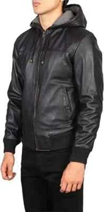 Men's Genuine Lambskin Black Biker Hooded Slim Fit Bomber Leather Jacket - Picture 1 of 8