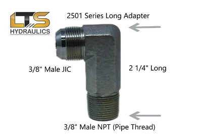 Adaptador 2501-L-06-06 3/8" macho JIC 37° x 3/8" macho tubo NPT largo 90° codo Foto 1 de 2