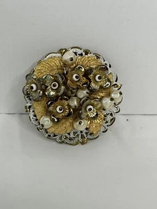 Vintage Germany Layered Brooch Faux Pearls Gold Tone Leaves Petals - Picture 1 of 9