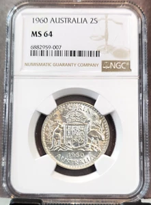 1960 AUSTRALIA SILVER 2 SHILLINGS 1 FLORIN KANGAROO & EMU NGC MS 64 BEAUTIFUL BU - Picture 1 of 3