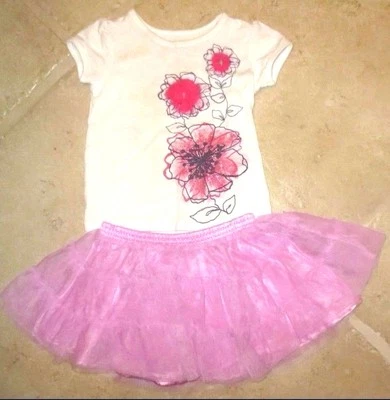 Usado en Excelente Condición Bebé Niña 18 Meses Floral Camiseta A Juego Rosa Tul Falda Conjunto Foto 1 de 4