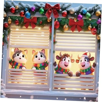 Decoraciones de cubierta de ventana de Navidad 2 piezas, tela lindo gato rojo y naranja Foto 1 de 4